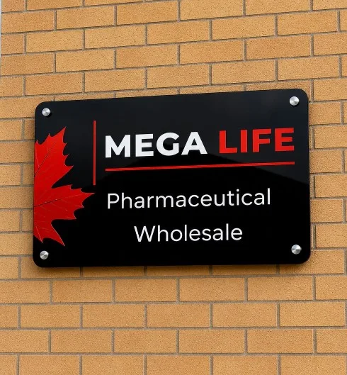 Mega Life Pharma sign at the Mississauga warehouse